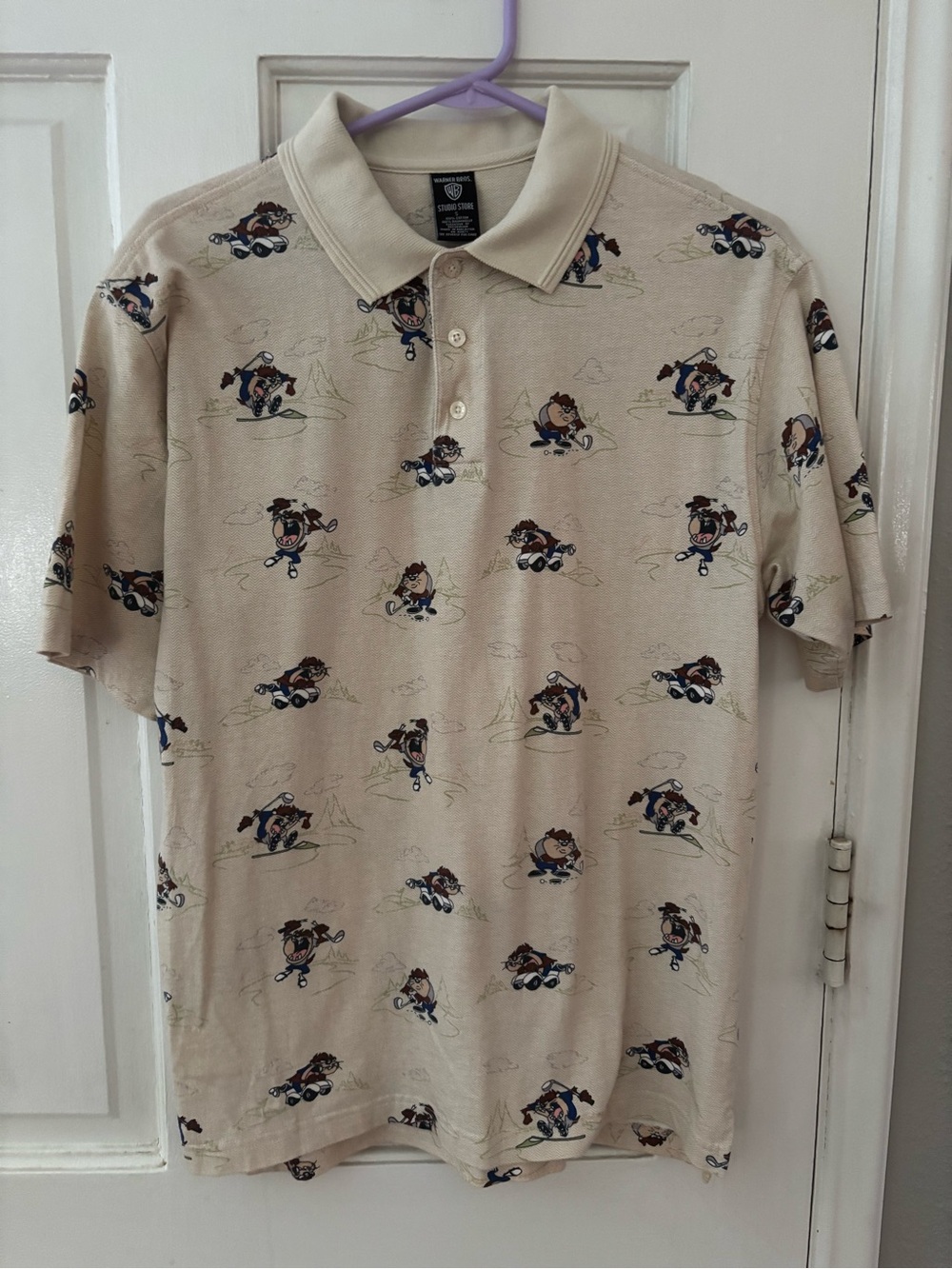 Warner Bros. Studio Store Men S Polo Beige Cotton Taz Graphic Short Sleeve